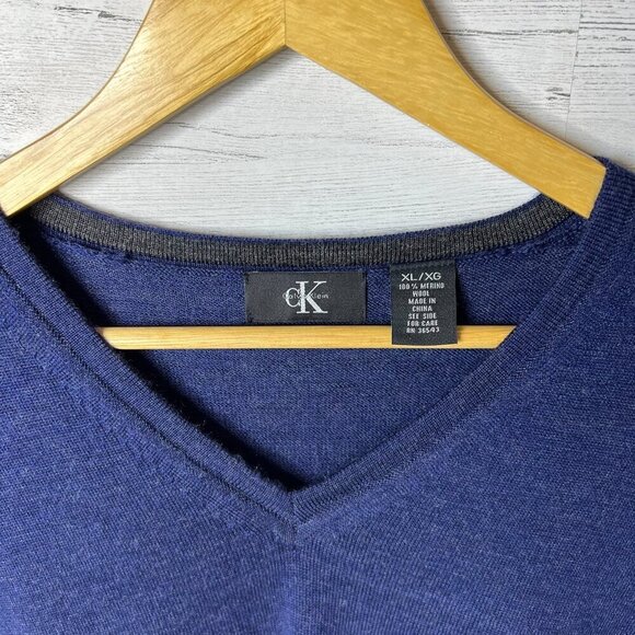 Calvin Klein Sweater Mens Size XL Navy 100% Extra Fine Merino Wool V Neck - Picture 10 of 16